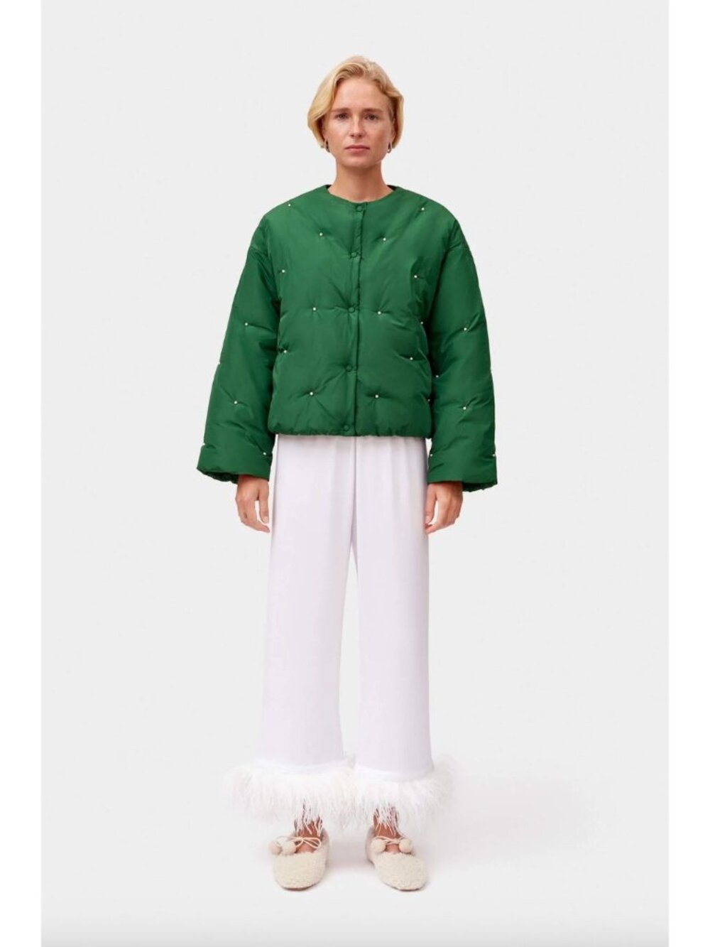 SLEEPER Puffer Jacket With Pearl Details Green Womens Size Small Medium